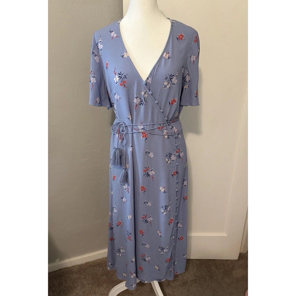 Nanette Lepore Blue Floral Faux Wrap Dress Cottagecore Button Tie Waist Midi 2